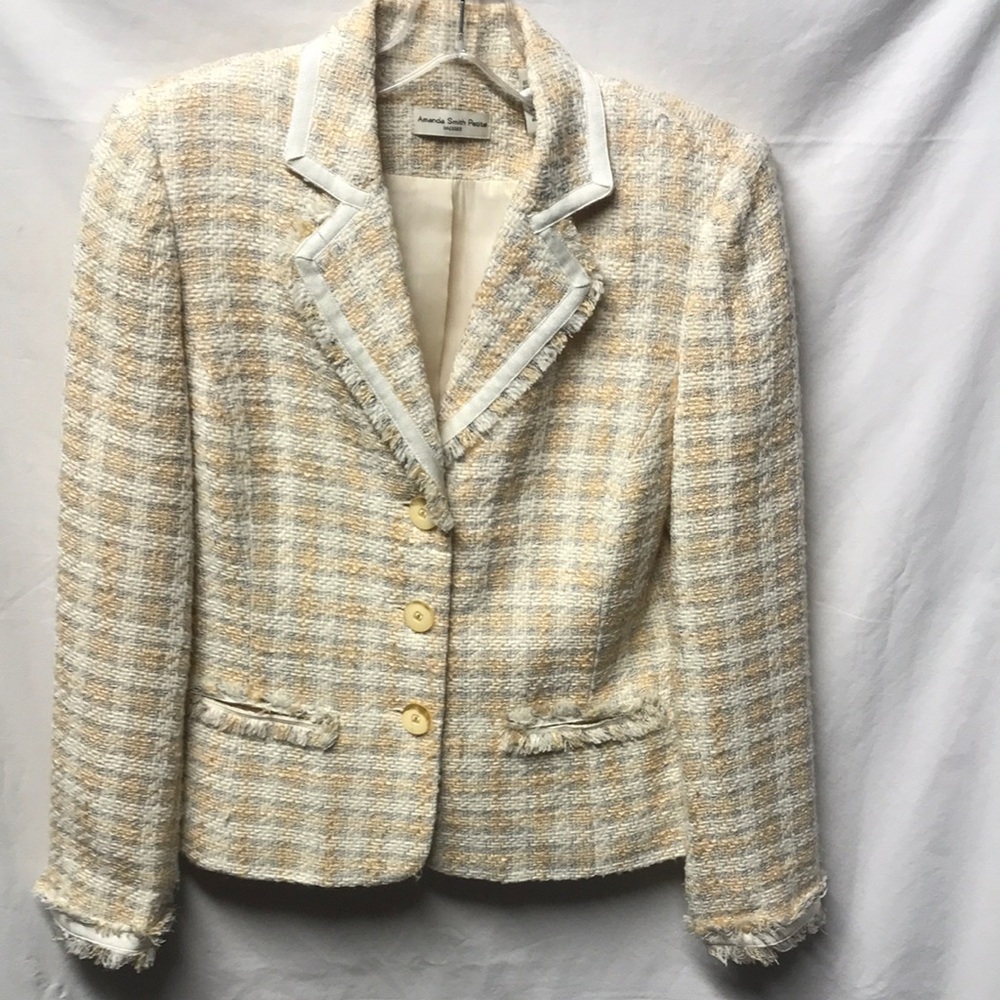Amanda Smith Women’s Petite Cream & Gold Tweed Plaid Pattern Blazer Jacket - 6P